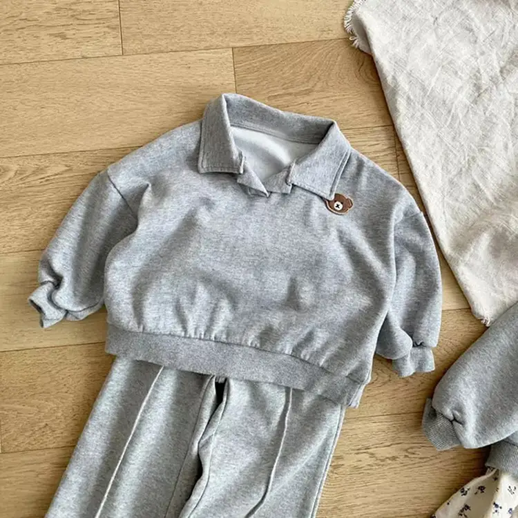 2026 Korean Boys Bear Collar Sweatshirt Set Grey - Image 6