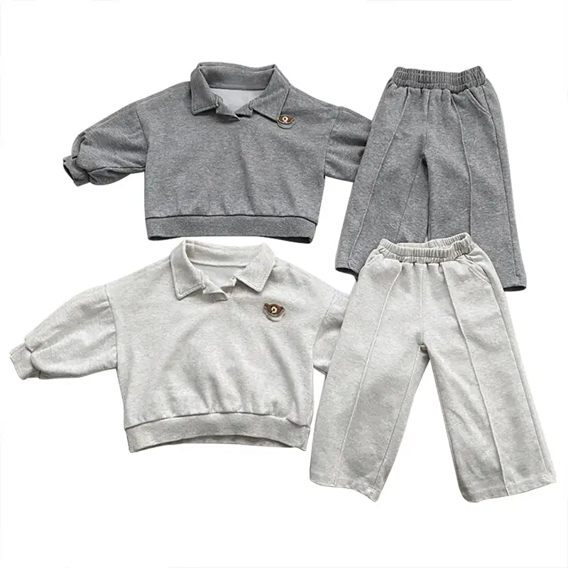 2026 Korean Boys Bear Collar Sweatshirt Set Grey - Image 7