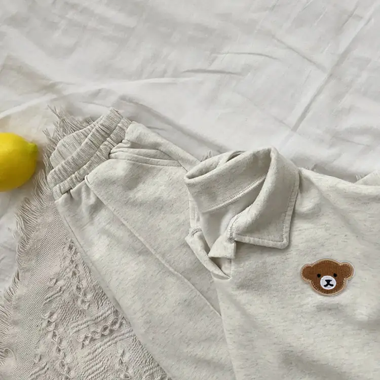 2026 Korean Boys Bear Collar Sweatshirt Set Grey - Image 2