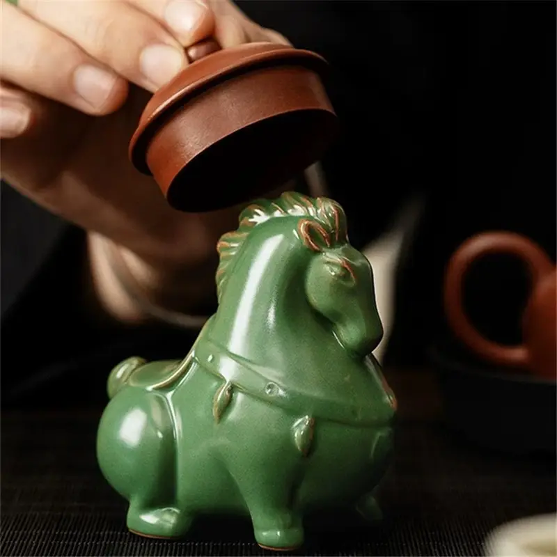 Green Horse Ceramic Tea Pet Ornament for Home Office