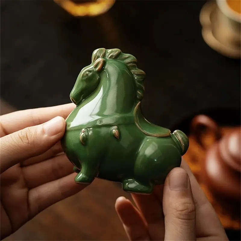 Green Horse Ceramic Tea Pet Ornament for Home Office