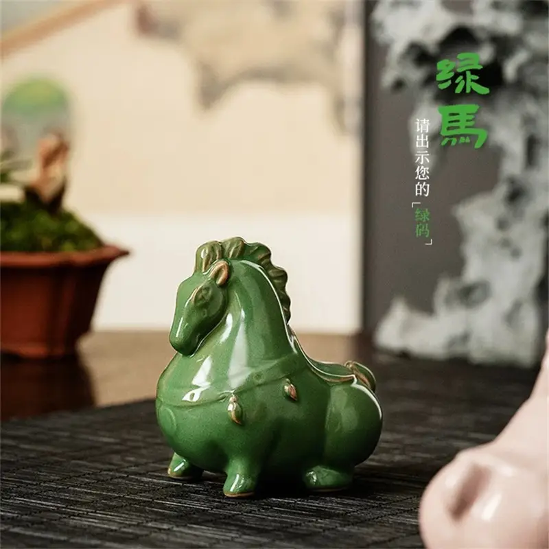 Green Horse Ceramic Tea Pet Ornament for Home Office