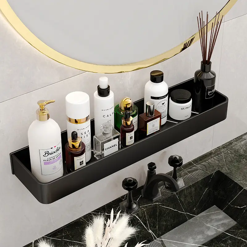 Black Aluminum Bathroom Shelf 50cm Wall Mount Punch Free - Image 23