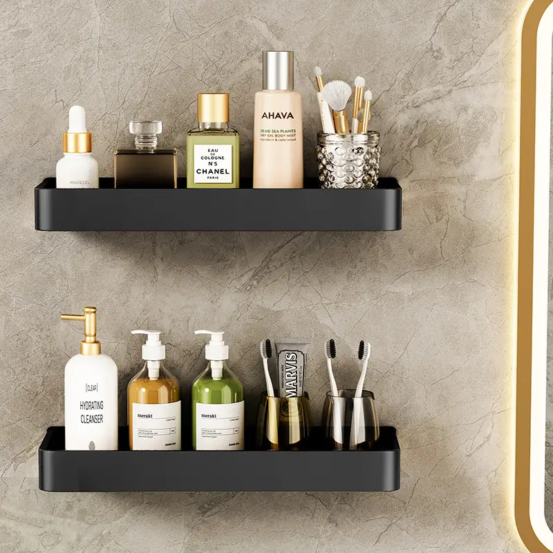 Black Aluminum Bathroom Shelf 50cm Wall Mount Punch Free - Image 25
