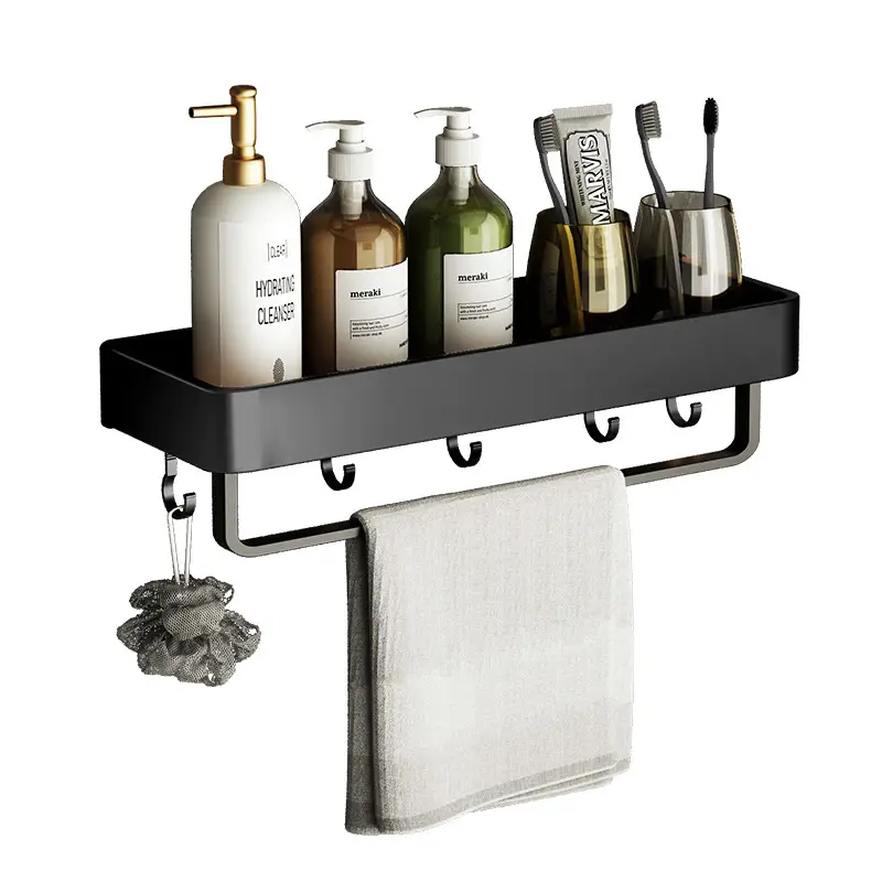 Black Aluminum Bathroom Shelf 50cm Wall Mount Punch Free - Image 26