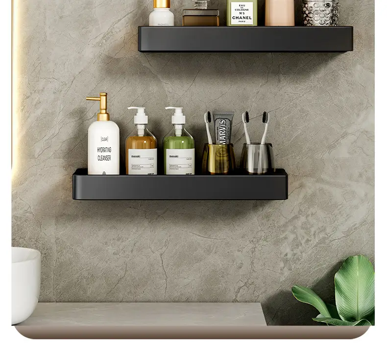 Black Aluminum Bathroom Shelf 50cm Wall Mount Punch Free — feature 13