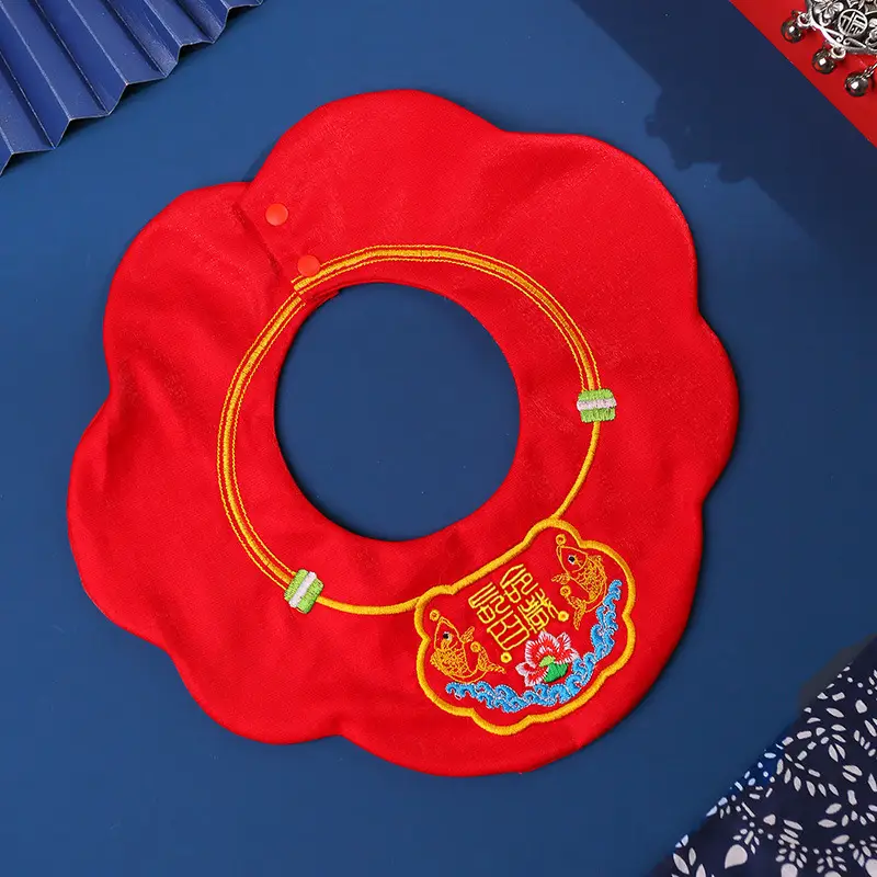 Red Embroidered Baby Shoulder Bib with Tiger Design - Image 5
