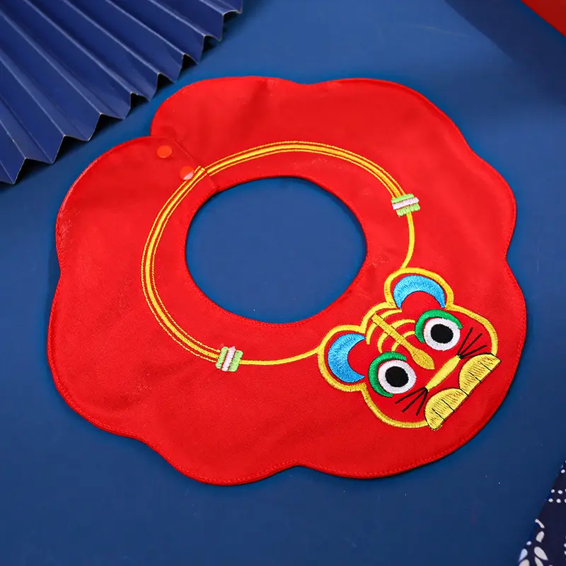Red Embroidered Baby Shoulder Bib with Tiger Design - Image 6