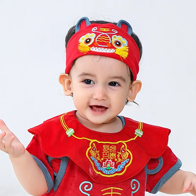 Red Embroidered Baby Shoulder Bib with Tiger Design - Image 7