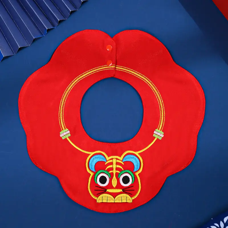 Red Embroidered Baby Shoulder Bib with Tiger Design - Image 2