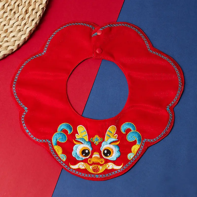 Red Embroidered Baby Shoulder Bib with Tiger Design - Image 4