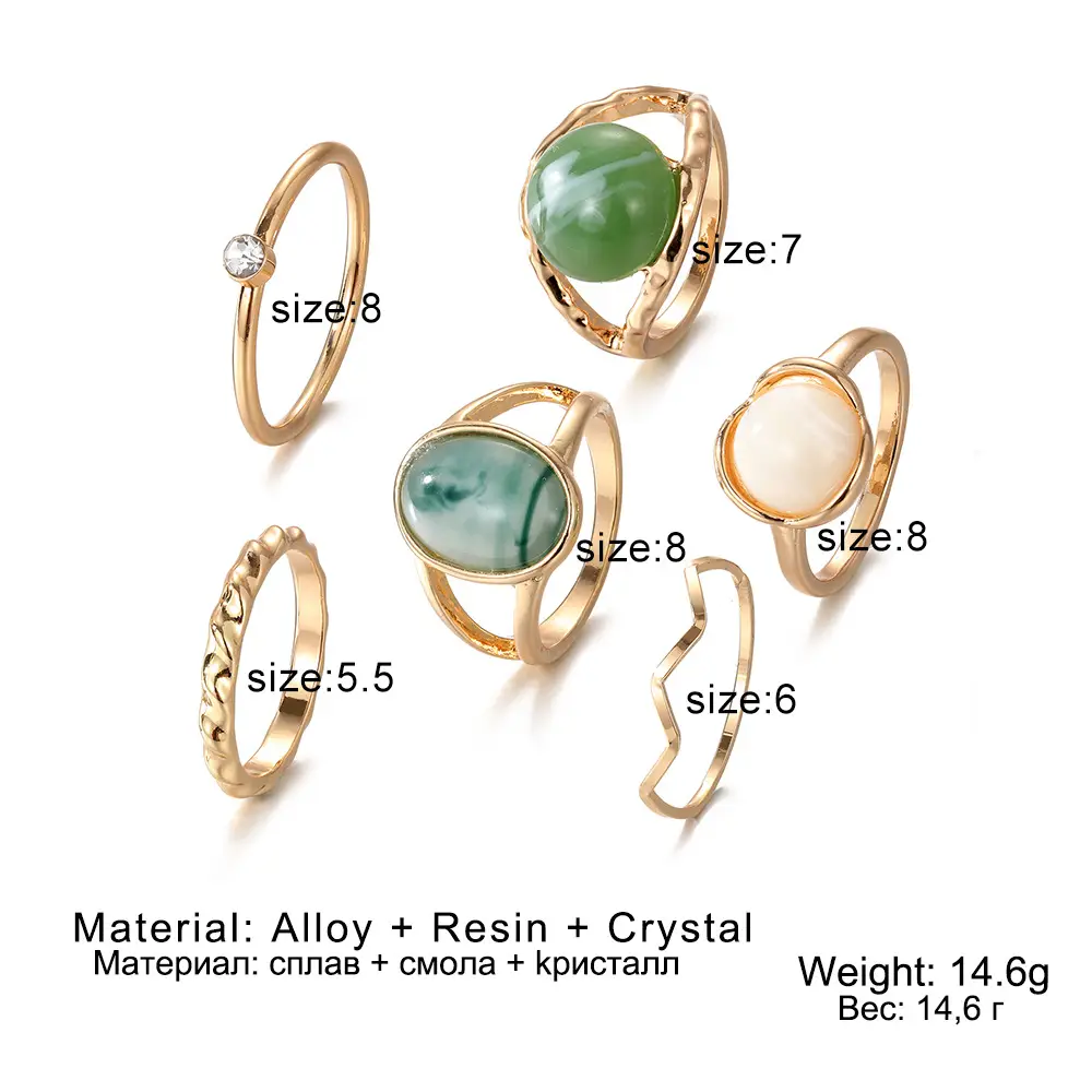 Gold Plated Green Jade Joint Rings Set of 6 - Image 3