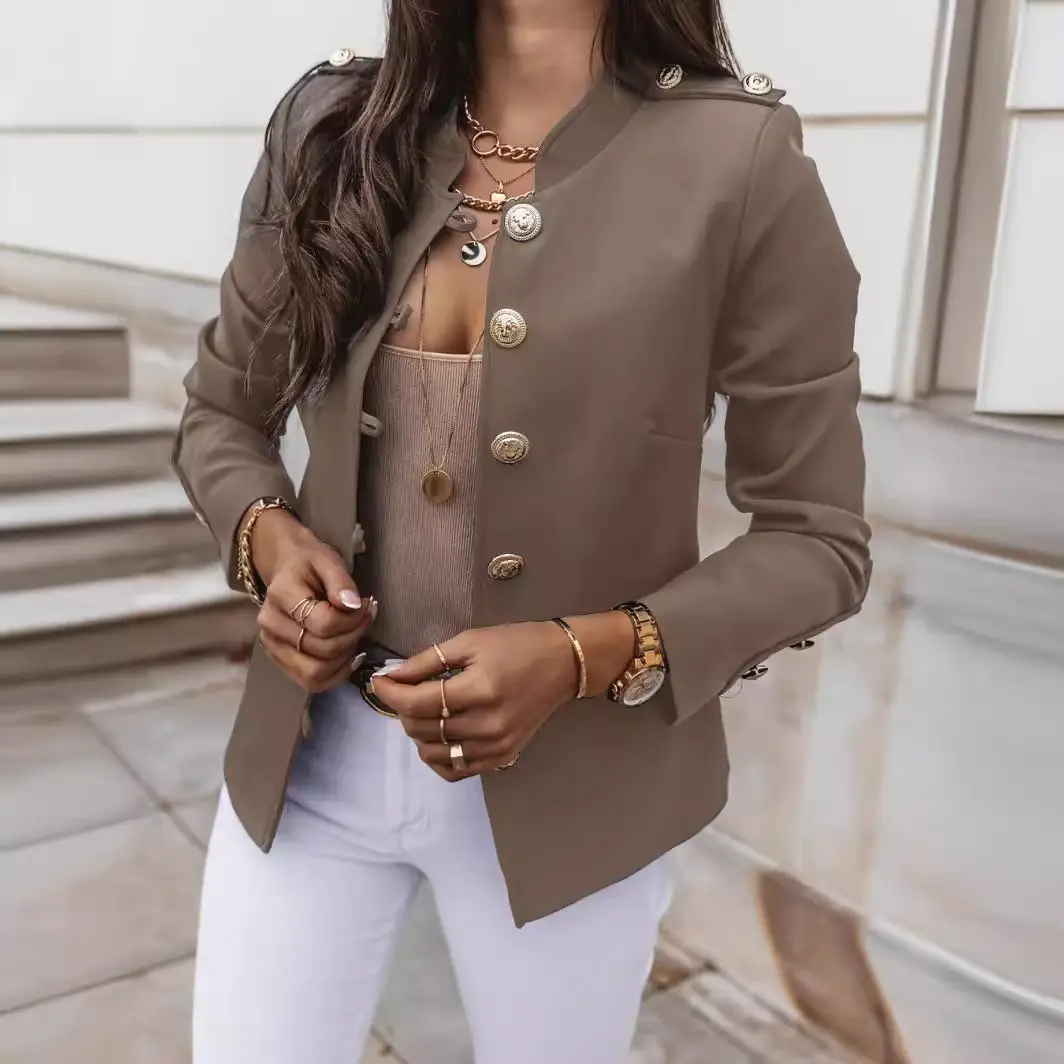 2025 Long Sleeve Slim Fit Buttoned Suit Jacket Brown - Image 12