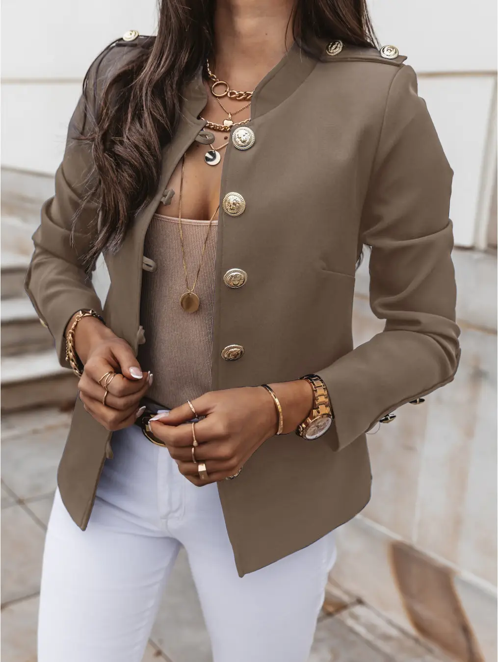 2025 Long Sleeve Slim Fit Buttoned Suit Jacket Brown — feature 61
