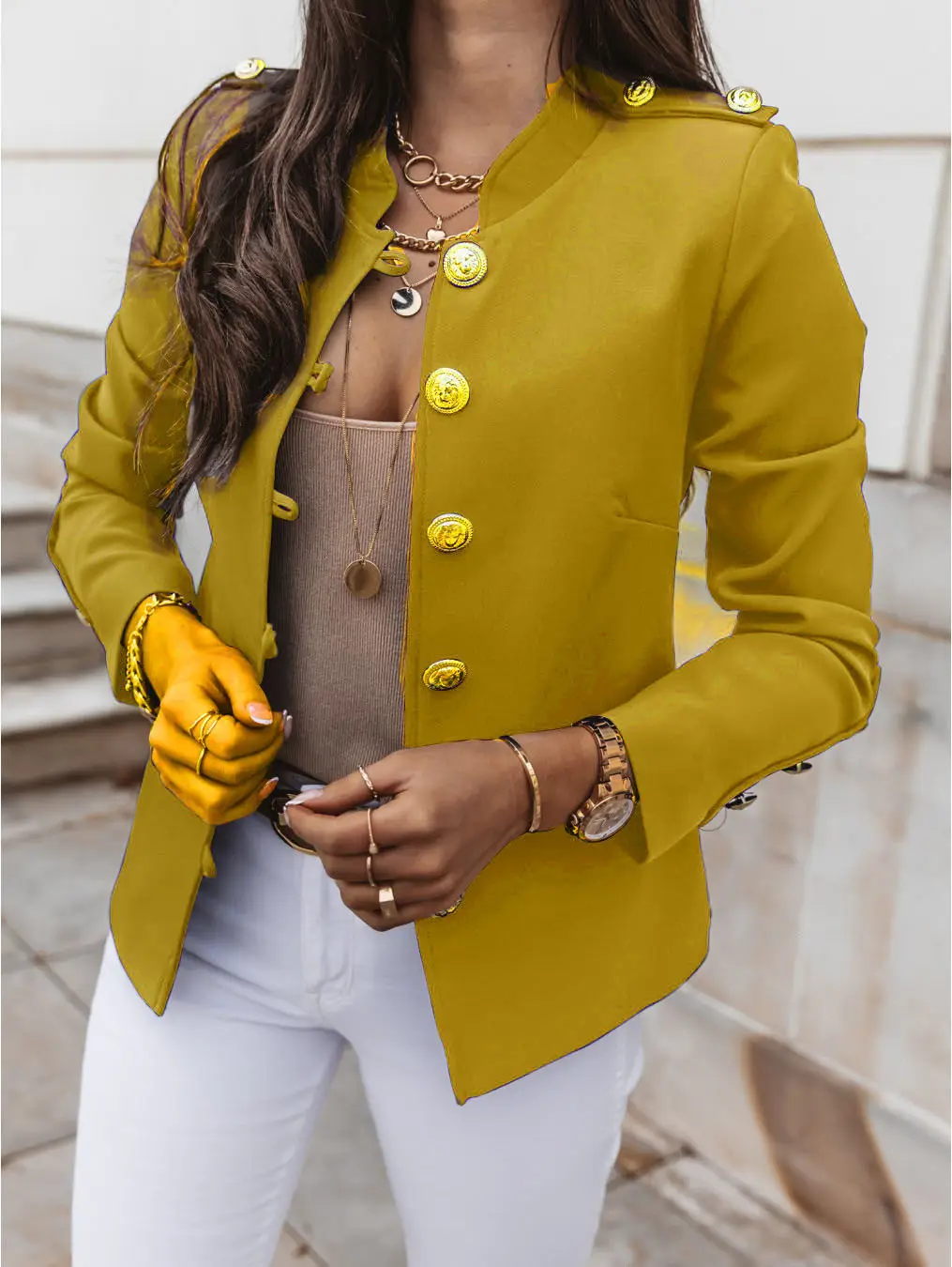 2025 Long Sleeve Slim Fit Buttoned Suit Jacket Brown — feature 63