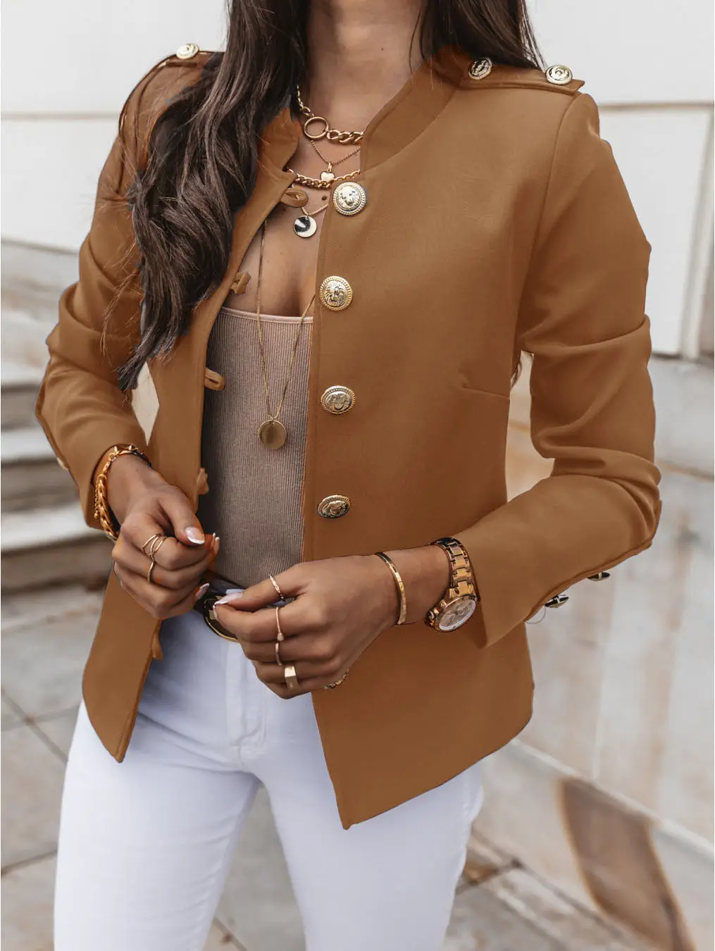 2025 Long Sleeve Slim Fit Buttoned Suit Jacket Brown - Image 10
