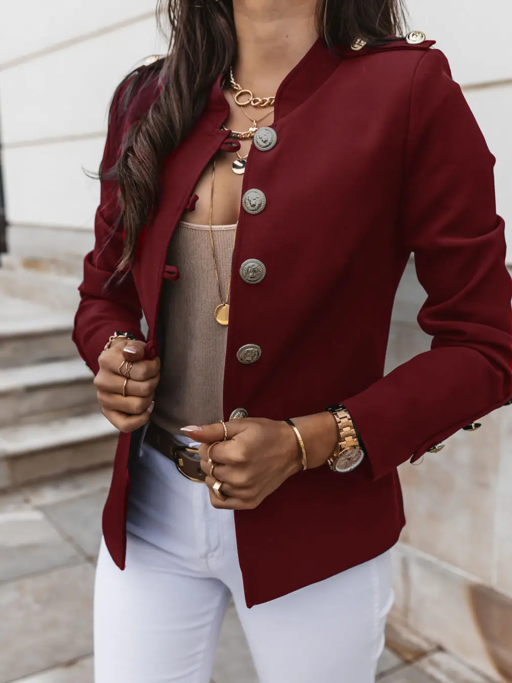 2025 Long Sleeve Slim Fit Buttoned Suit Jacket Brown - Image 8