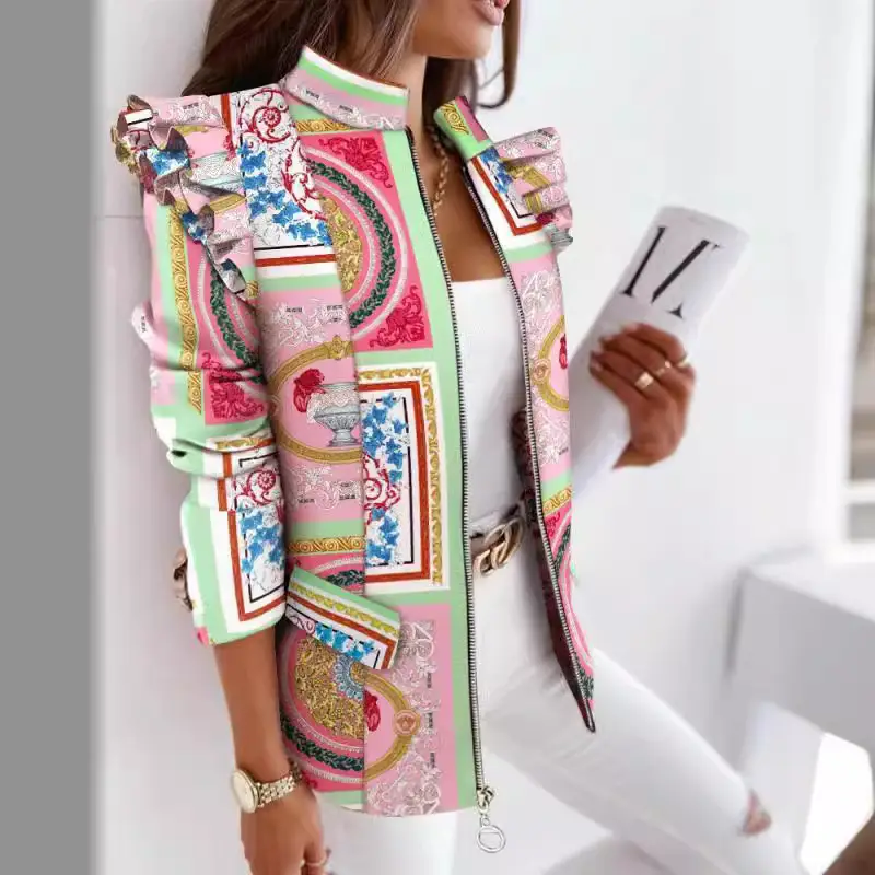 2025 Ruffled Zipper Plaid Jacket for Women - Image 11