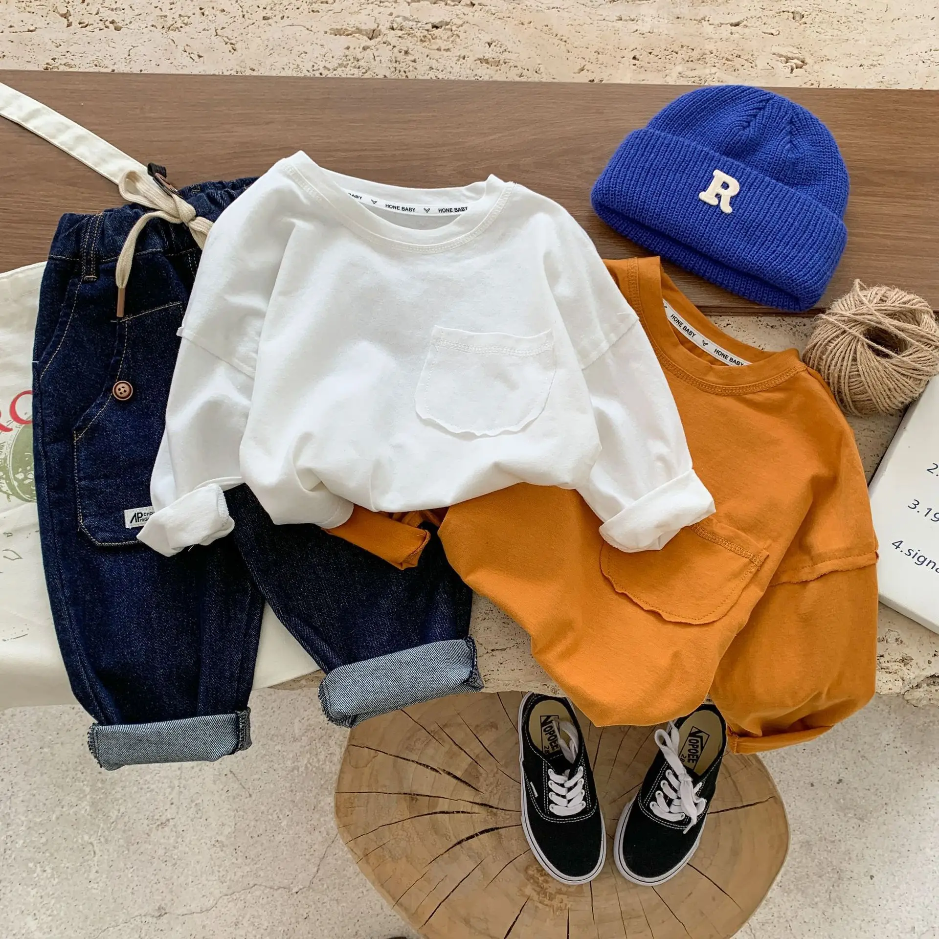 Kids Korean Style Orange T-Shirt Set with Cap & Pants