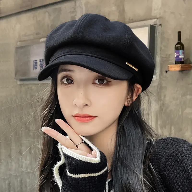 Women's Beige Winter Beret Hat with Leather Trim - Image 5