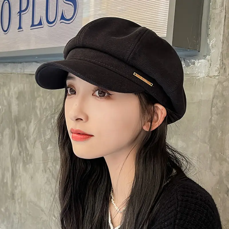 Women's Beige Winter Beret Hat with Leather Trim - Image 2