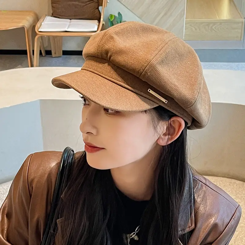 Women's Beige Winter Beret Hat with Leather Trim - Image 4