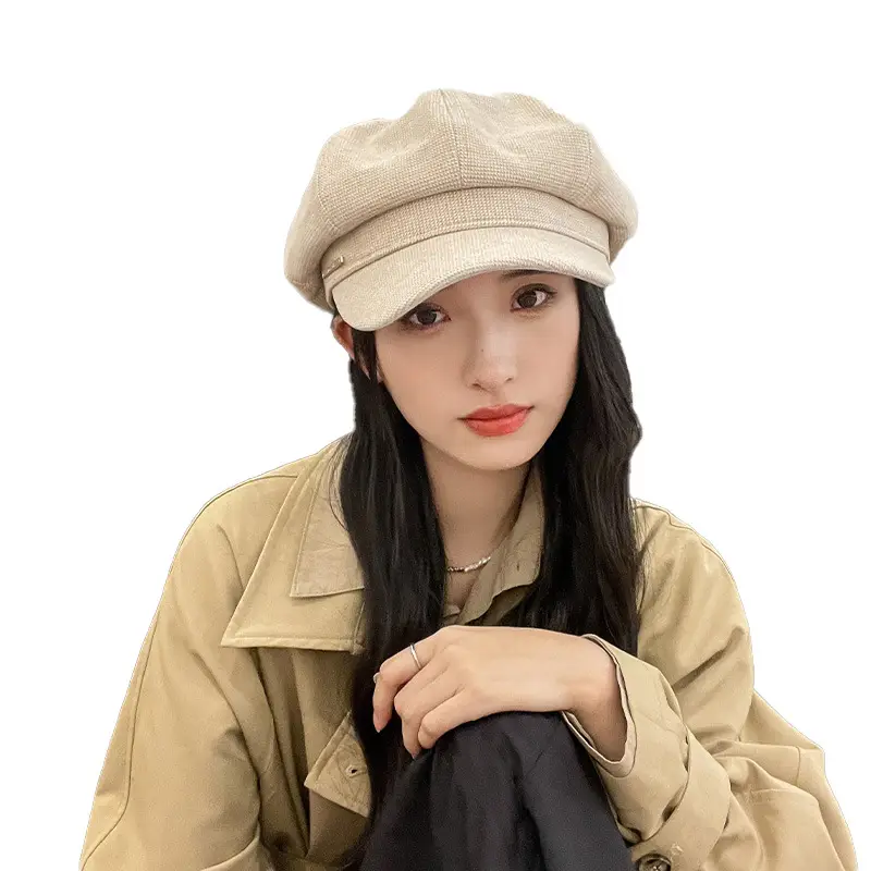 Women's Beige Winter Beret Hat with Leather Trim - Image 6