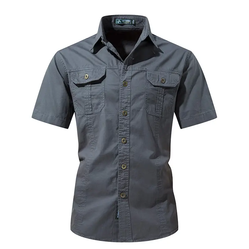 Men Cotton Military Style Light Grey Shirt