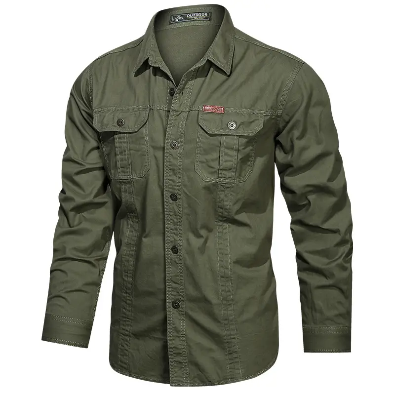 Men Cotton Military Style Light Grey Shirt