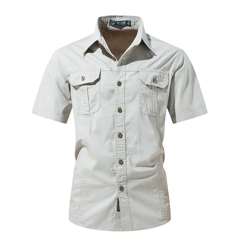 Men Cotton Military Style Light Grey Shirt