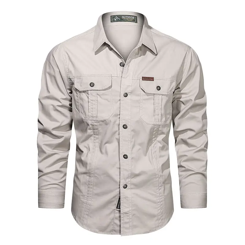 Men Cotton Military Style Light Grey Shirt