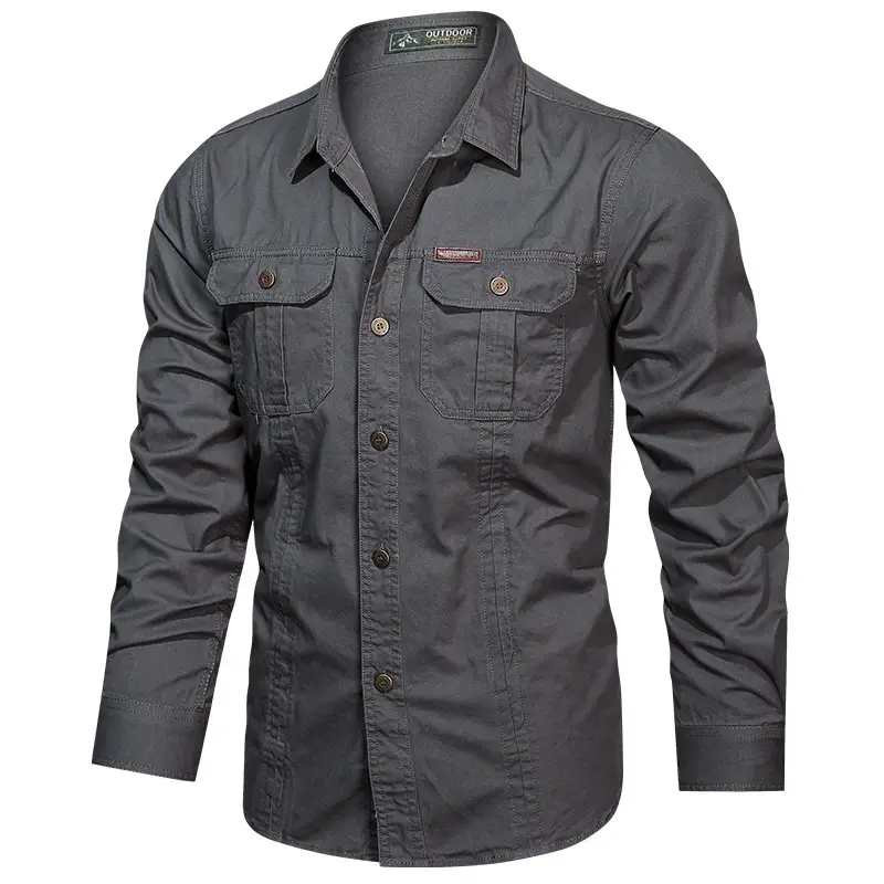 Men Cotton Military Style Light Grey Shirt