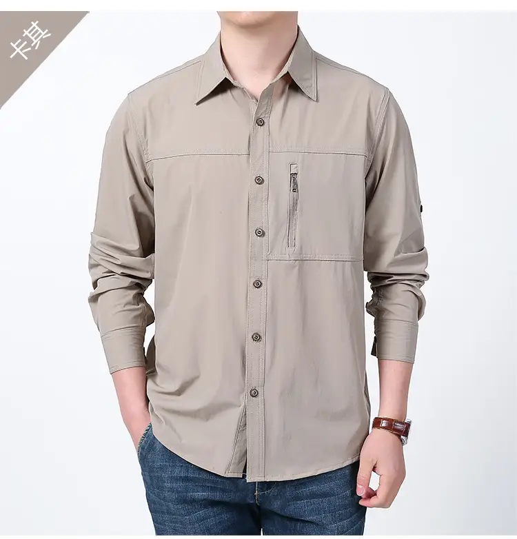 Men Cotton Military Style Light Grey Shirt