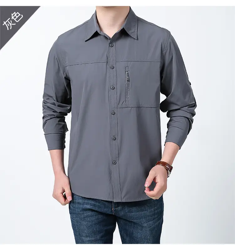 Men Cotton Military Style Light Grey Shirt