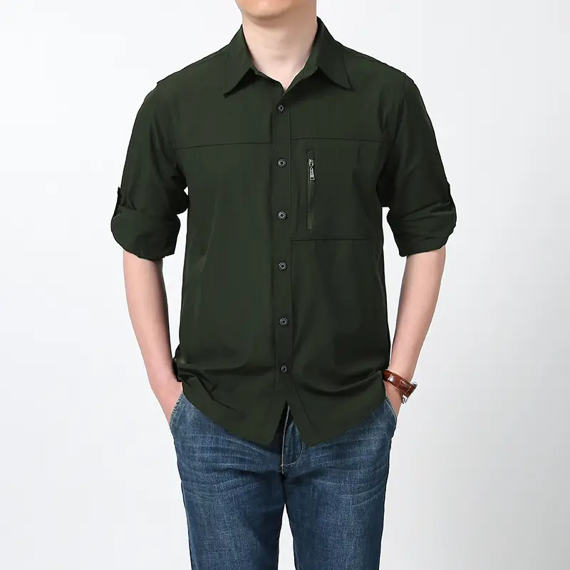Men Cotton Military Style Light Grey Shirt