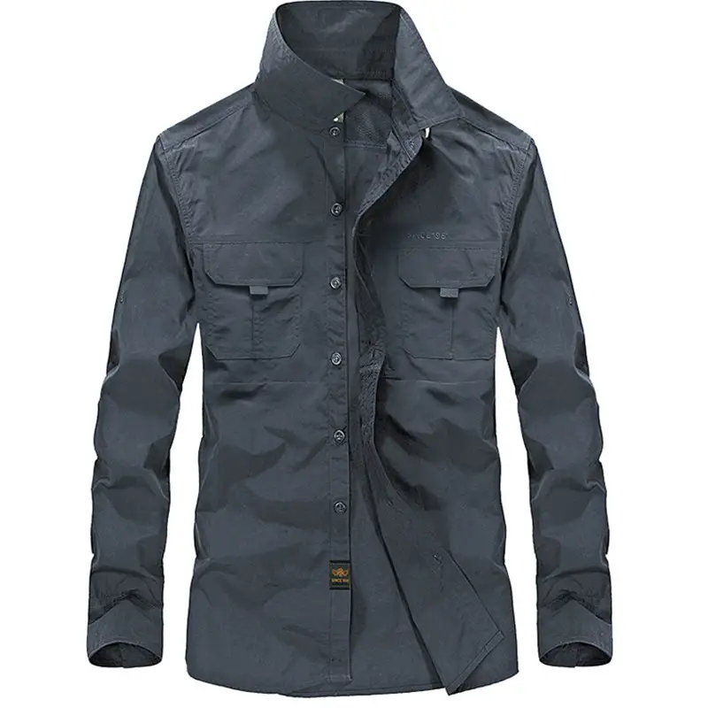 Men Cotton Military Style Light Grey Shirt
