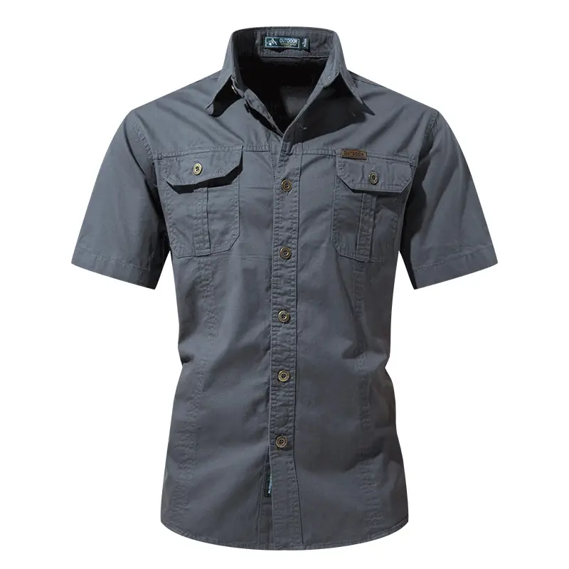 Men Cotton Military Style Light Grey Shirt