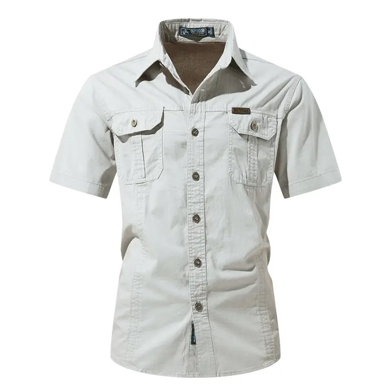 Men Cotton Military Style Light Grey Shirt