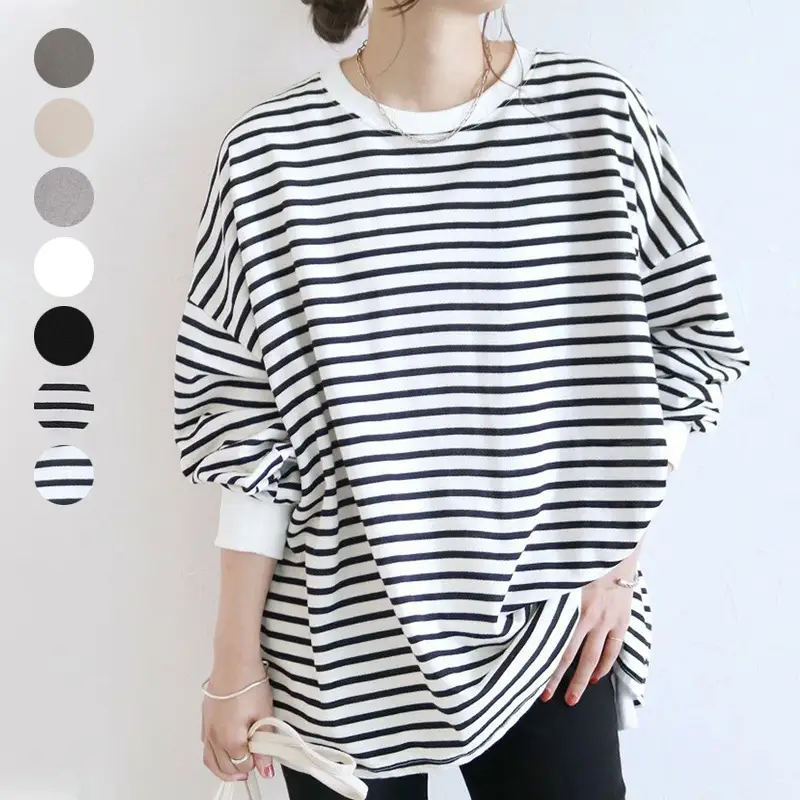 Women Striped Oversized Sweatshirt Black White Loose Cotton - Image 13