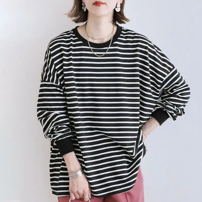 Women Striped Oversized Sweatshirt Black White Loose Cotton - Image 7