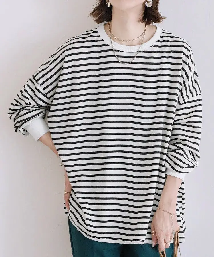 Women Striped Oversized Sweatshirt Black White Loose Cotton — feature 15