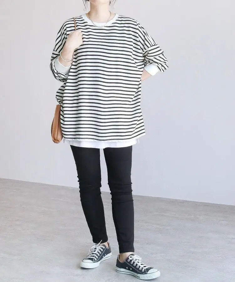 Women Striped Oversized Sweatshirt Black White Loose Cotton — feature 17