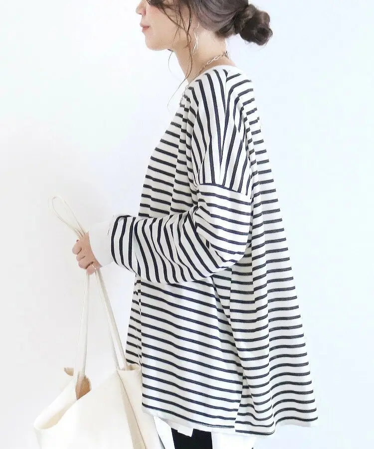 Women Striped Oversized Sweatshirt Black White Loose Cotton — feature 18