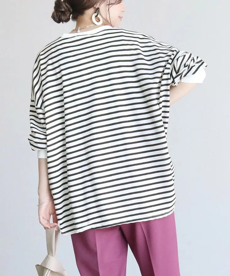 Women Striped Oversized Sweatshirt Black White Loose Cotton — feature 19
