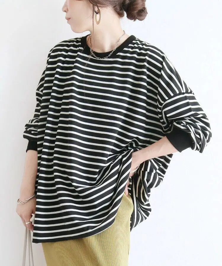 Women Striped Oversized Sweatshirt Black White Loose Cotton — feature 24