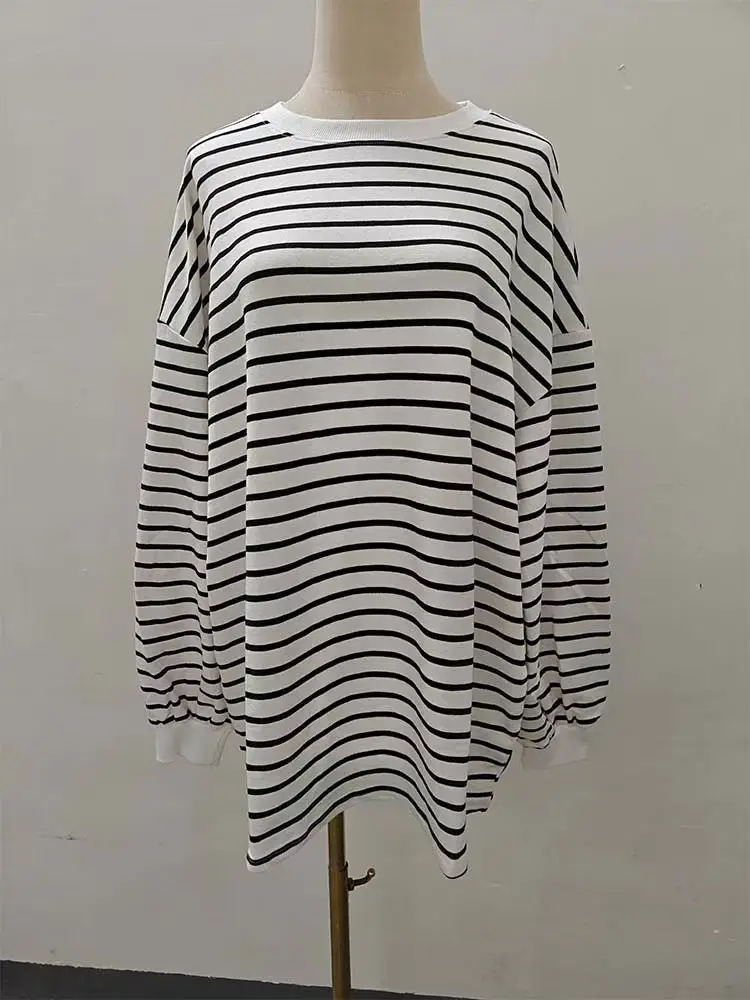 Women Striped Oversized Sweatshirt Black White Loose Cotton — feature 40