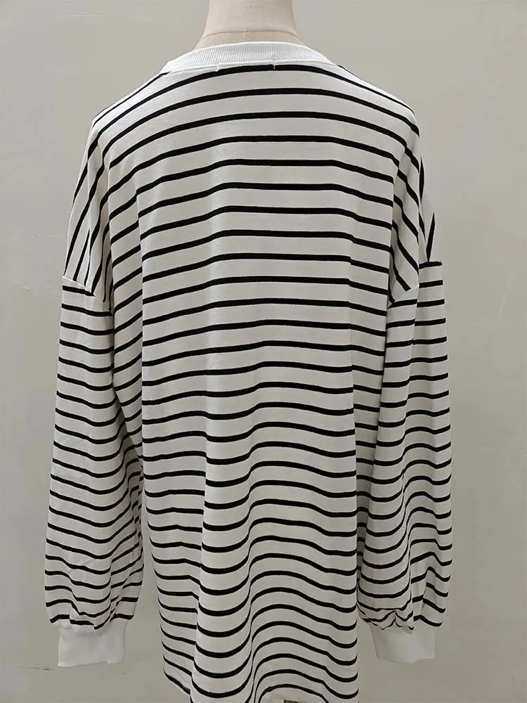 Women Striped Oversized Sweatshirt Black White Loose Cotton — feature 41
