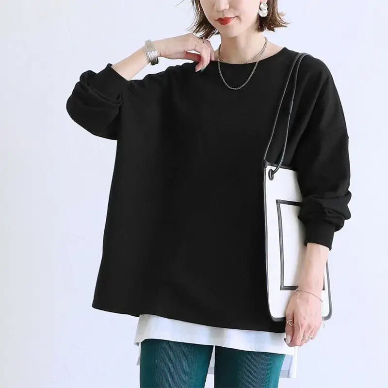Women Striped Oversized Sweatshirt Black White Loose Cotton - Image 3