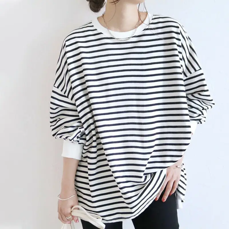 Women Striped Oversized Sweatshirt Black White Loose Cotton - Image 6