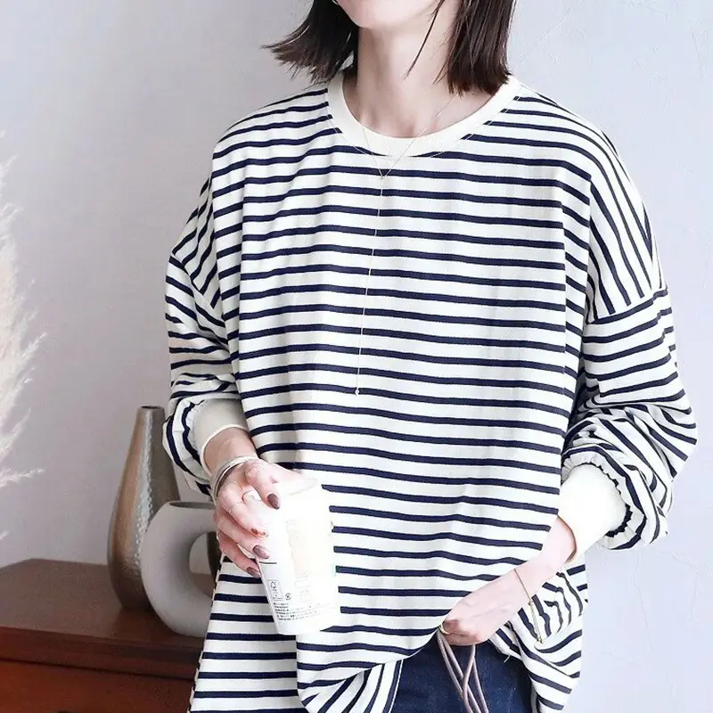 Women Striped Oversized Sweatshirt Black White Loose Cotton - Image 9